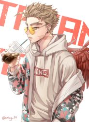 Rule 34 | 1boy, alice11145032, text background, blonde hair, boku no hero academia, burn scar, casual, clothes writing, cup, drink, earrings, facial hair, feathered wings, feathers, hand up, hawks (boku no hero academia), highres, hood, hoodie, ice, ice cube, jacket, jacket partially removed, jewelry, looking afar, male focus, messy hair, parted lips, red feathers, round eyewear, scar, solo, star (symbol), star print, stud earrings, white background, wings