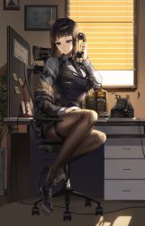 Rule 34 | 1girl, antique phone, black footwear, black hair, black jacket, black pantyhose, blue eyes, blunt bangs, boots, bottle, brown pantyhose, chair, cigarette, cross-laced footwear, desk, frown, full body, gloves, gun, hand up, high heels, highres, holding, indoors, jacket, jim beam (whiskey), kim eb, lace-up boots, long hair, looking at viewer, medium hair, off shoulder, office, office chair, original, pantyhose, phone, police, police uniform, policewoman, rifle, rotary phone, shirt, shoes, sitting, skirt, solo, swivel chair, talking on phone, uniform, weapon, window