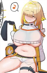 Rule 34 | 1girl, ahoge, altguardian, artist name, belly, black gloves, black sports bra, blonde hair, blush, breasts, closed eyes, closed mouth, clothing cutout, crop top, crop top overhang, cropped sweater, electric fan, elegg (nikke), exposed pocket, gloves, goddess of victory: nikke, hair intakes, hair over eyes, highres, holding, large breasts, long bangs, long sleeves, micro shorts, multicolored clothes, multicolored gloves, multicolored hair, musical note, navel, plump, short hair, shorts, shoulder cutout, sitting, smile, spoken musical note, sports bra, suspender shorts, suspenders, sweat, thigh strap, thighs, two-tone hair, underboob, white shorts, yellow gloves