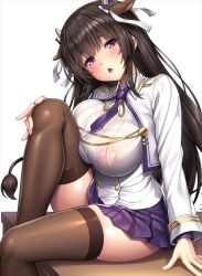 Rule 34 | 1girl, :o, animal ears, azur lane, breasts, brown hair, brown thighhighs, covered erect nipples, cow ears, cow tail, kashino (azur lane), lambda (kusowarota), large breasts, long hair, long sleeves, open mouth, purple eyes, purple skirt, see-through, simple background, sitting, skirt, solo, tail, thighhighs, thighs, white background, zettai ryouiki