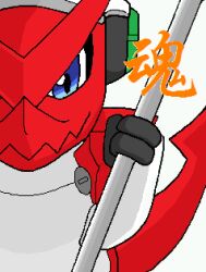 Rule 34 | blue eyes, digimon, digimon (creature), headphones, looking at viewer, shoutmon, simple background, solo, tail, white background