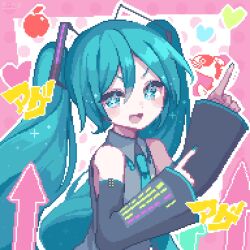 Rule 34 | + +, 1girl, :d, ageage again (vocaloid), apple, aqua eyes, aqua hair, aqua nails, aqua necktie, arrow (symbol), commentary, detached sleeves, fish, food, fruit, hatsune miku, heart, highres, housuke (flb66i2qnuqy63f), index finger raised, long hair, looking at viewer, miku day, necktie, open mouth, pink background, pixel art, pointing, smile, solo, twintails, upper body, v-shaped eyebrows, vocaloid