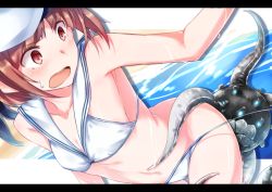 Rule 34 | 10s, assisted exposure, beach, bikini, blush, breasts, hat, kantai collection, letterboxed, ocean, red eyes, red hair, satsumi, small breasts, solo, swimsuit, tentacles, white bikini, white hat, z3 max schultz (kancolle)