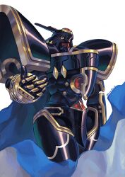 Rule 34 | alphamon, armor, black armor, blue cape, cape, cowboy shot, digimon, digimon (creature), gem, helmet, highres, horns, kira (kira dra), looking at viewer, no humans, outstretched hand, reaching, reaching towards viewer, red gemstone, shoulder armor, simple background, solo, twitter username, yellow eyes
