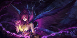 Rule 34 | 1girl, breasts, chain, cleavage, feathers, highres, league of legends, lipstick, makeup, morgana (league of legends), purple eyes, purple hair, purple lips, short hair, solo, wings
