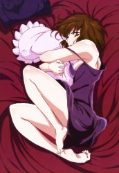 Rule 34 | 10s, 1girl, absurdres, barefoot, bed sheet, breasts, brown eyes, brown hair, chemise, feet, frilled pillow, frills, highres, legs, lying, mawaru penguindrum, non-web source, nyantype, hugging object, official art, oginome ringo, on side, pillow, pillow hug, scan, shindou yuu, short hair, sideboob, small breasts, solo, strap slip, toe scrunch, toes
