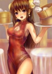 Rule 34 | &gt; &lt;, 1girl, :3, armpits, bad id, bad pixiv id, bamboo steamer, baozi, blush, breasts, brown hair, bun cover, china dress, chinese clothes, cleavage, cleavage cutout, clothing cutout, double bun, dress, dumpling, earrings, closed eyes, food, jewelry, long hair, medium breasts, open mouth, original, purple eyes, shirt, solo, sweatdrop, taut clothes, taut shirt, tray, turtleneck, tyun, waitress