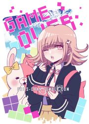 Rule 34 | 1girl, :o, backpack, bag, black jacket, black shirt, blush, bow, breasts, collared shirt, commentary, criis-chan, danganronpa (series), danganronpa 2: goodbye despair, ear bow, flipped hair, game over, hair ornament, hairclip, handheld game console, high-waist skirt, jacket, light brown hair, long sleeves, looking at viewer, medium breasts, monomi, nanami chiaki, neck ribbon, one eye closed, open mouth, pink eyes, pink ribbon, playstation portable, ribbon, shirt, shirt tucked in, skirt, sleeves past wrists, solo, symbol-only commentary, teeth, twitter username, two-tone shirt, upper teeth only