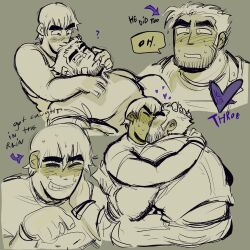 Rule 34 | 2boys, ?, bara, beard stubble, black hair, constricted pupils, couple, eye contact, facial hair, green theme, heart, highres, hug, huge eyebrows, jaime (grizzgotmilk), kiss, large pectorals, laughing, looking at another, loving aura, lucas lee, lying on person, male focus, monochrome, multiple boys, muscular, muscular male, mutual hug, pectorals, sanpaku, scott pilgrim (series), scott pilgrim takes off, shirt, short hair, short sleeves, sketch, smile, spot color, stubble, surprised, t-shirt, todd ingram, wet, wet hair, yaoi