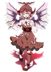 Rule 34 | 1girl, armband, bad id, bad pixiv id, bird wings, brown dress, closed eyes, dress, facing viewer, hand on own chest, hand up, hat, juliet sleeves, kneehighs, long sleeves, mystia lorelei, nakukoroni, open mouth, pink hair, puffy sleeves, shadow, short hair, simple background, socks, solo, touhou, white background, wings