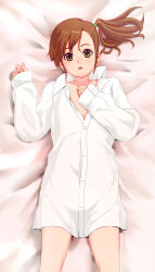 Rule 34 | 10s, 1girl, bed sheet, blush, brown hair, dress shirt, female focus, futami mami, hand on own chest, idolmaster, idolmaster (classic), idolmaster 2, lying, on back, open clothes, open shirt, oversized clothes, oversized shirt, pettan p, shirt, side ponytail, solo, yellow eyes