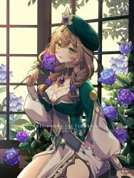 Rule 34 | 1girl, braid, breasts, brown hair, dress, flower, genshin impact, gold choker, green dress, green eyes, green headwear, hair between eyes, hen-tie, highres, jewelry, large breasts, lisa (a sobriquet under shade) (genshin impact), lisa (genshin impact), long hair, long sleeves, looking at viewer, necklace, official alternate costume, plant, puffy long sleeves, puffy sleeves, purple flower, purple rose, rose, short braid, sitting, sitting on table, thighlet, twin braids, vision (genshin impact), window