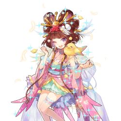 Rule 34 | 1girl, animal, animal on shoulder, artist request, bird, bird on shoulder, brown hair, character request, detached sleeves, feathers, headdress, nail polish, one eye closed, open mouth, purple eyes, solo, sparkle, thigh strap, transparent background, uchi no hime-sama ga ichiban kawaii