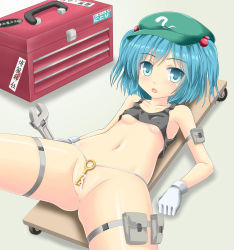 Rule 34 | 1girl, anus, blue eyes, blue hair, blush, bottomless, breasts, censored, clothes lift, covered erect nipples, female focus, gloves, hair bobbles, hair ornament, hat, highres, kawashiro nitori, key, matching hair/eyes, noveske n4, open mouth, pussy, shirt lift, short hair, small breasts, solo, thigh strap, toolbox, tools, touhou, twintails, two side up, underboob, wrench