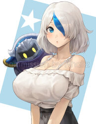 Rule 34 | 1girl, blue eyes, blue hair, blush, breasts, cleavage, commission, dima (mr december206), hair over one eye, highres, kirby (series), large breasts, looking at viewer, meta knight, multicolored hair, nhaliz, nintendo, off-shoulder shirt, off shoulder, original, parted lips, shirt, star (symbol), streaked hair, two-tone hair, upper body, watermark, white hair, white shirt