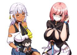 Rule 34 | 2girls, :d, adam (honkai impact), black gloves, black leotard, blue jacket, bob cut, breasts, carole peppers, clothes around waist, dark-skinned female, dark skin, doll, earrings, fingerless gloves, gloves, grey eyes, hair ornament, hairclip, holding, honkai (series), honkai impact 3rd, jacket, jacket around waist, jewelry, large breasts, leotard, lion space, looking at viewer, mask, mouth mask, multiple girls, off shoulder, open mouth, pants, pink hair, shirt, short hair, short sleeves, simple background, single earring, single glove, sitting, smile, stuffed toy, timido cute, white background, white gloves, white hair, white pants, white shirt, yellow eyes