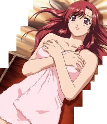 Rule 34 | 00s, 1girl, breast hold, breasts, cleavage, crossed arms, kazami mizuho, large breasts, long hair, lying, naked towel, on back, onegai teacher, purple eyes, red hair, screencap, solo, stitched, teacher, third-party edit, towel