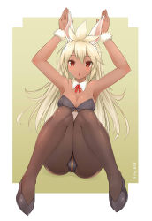 Rule 34 | 1girl, :o, ahoge, animal ears, arms up, bare arms, black footwear, black pantyhose, blonde hair, blush, bow, bowtie, breasts, cleavage, dark-skinned female, dark skin, detached collar, eyebrows, fake animal ears, granblue fantasy, hair between eyes, hairband, highres, leotard, long hair, medium breasts, mitsumori (an mrz), open mouth, pantyhose, playboy bunny, rabbit ears, rabbit pose, red bow, red eyes, shoes, sitting, solo, twitter username, wristband, zooey (granblue fantasy)