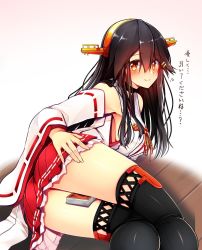 Rule 34 | 1girl, ass, between thighs, black hair, black thighhighs, blush, card, commentary request, detached sleeves, hair between eyes, hair ornament, hairclip, haruna (kancolle), headgear, kantai collection, long hair, looking at viewer, lying, nontraditional miko, on side, open mouth, orange eyes, parody, pleated skirt, red skirt, skirt, smile, solo, thighhighs, thighs, translation request, tsukui kachou, wooden floor, yu-gi-oh!