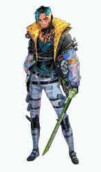 Rule 34 | 1boy, apex legends, biwon blade, black eyes, black gloves, black hair, black jacket, black vest, blue hair, blue shirt, colored tips, crypto (apex legends), full body, gloves, grey background, grey pants, highres, jacket, jewelry, kernel panic crypro, kernel panic crypto, looking to the side, male focus, multicolored hair, necklace, official alternate costume, pants, shirt, smile, solo, thundergotch, vest