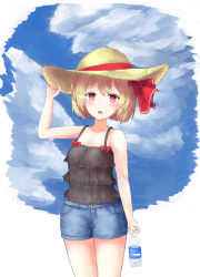 Rule 34 | 1girl, arm at side, bare arms, bare shoulders, black camisole, blonde hair, blue sky, bottle, camisole, cloud, cowboy shot, day, denim, denim shorts, fang, hair ribbon, hand on headwear, hat, highres, looking at viewer, open mouth, outdoors, pocari sweat, red eyes, ribbon, rumia, sarise0916, short hair, shorts, sky, solo, standing, straw hat, sweat, touhou