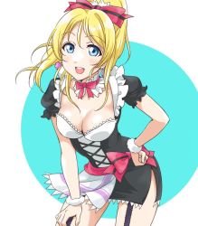 Rule 34 | 10s, 1girl, :d, ayase eli, blonde hair, blue eyes, blush, breasts, cleavage, garter straps, long hair, love live!, love live! school idol project, maid headdress, mogyutto &quot;love&quot; de sekkin chuu!, open mouth, ponytail, smile, solo, tetopetesone