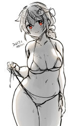 Rule 34 | 1girl, bikini, braid, breasts, commentary request, cowboy shot, greyscale, hair flaps, highres, jingei (kancolle), kantai collection, kirisawa juuzou, large breasts, long hair, looking at viewer, low ponytail, monochrome, red eyes, side-tie bikini bottom, single braid, solo, spot color, swimsuit, wide hips