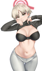 Rule 34 | 1girl, absurdres, black bra, black shirt, blue archive, bra, breasts, casperrin, clothes lift, commentary, cowboy shot, grey eyes, grey hair, grey pants, halo, highres, large breasts, leggings, lifted by self, long sleeves, looking at viewer, marina (blue archive), navel, pants, shirt, shirt lift, short hair, simple background, solo, standing, stomach, strapless, strapless bra, thighs, underwear, white background