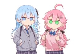 Rule 34 | 2girls, ahoge, backpack, bag, black ribbon, blue bow, blue bowtie, blue eyes, blue hair, blue necktie, bow, bowtie, cardigan, closed mouth, earrings, grey cardigan, hair between eyes, hair ornament, hair ribbon, hairclip, hands in pockets, highres, hololive, hoshimachi suisei, ichigo (lb450232), jewelry, jitome, long hair, long sleeves, low twintails, multiple girls, necktie, pink cardigan, pink hair, plaid, plaid skirt, pleated skirt, ribbon, sakura miko, simple background, skirt, star (symbol), star earrings, star in eye, symbol in eye, twintails, upper body, virtual youtuber, white background