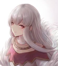 Rule 34 | 1girl, blush, closed mouth, collarbone, detached collar, dress, feather trim, fire emblem, fire emblem: three houses, gradient background, jewelry, leonmandala, long hair, lysithea von ordelia, necklace, nintendo, off-shoulder dress, off shoulder, purple eyes, sidelocks, silver hair, smile, solo, straight hair, upper body, white background, white dress
