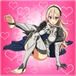 Rule 34 | 1girl, armor, ass, barefoot, blonde hair, blush, breasts, cape, corrin (female) (fire emblem), corrin (fire emblem), feet, fire emblem, fire emblem fates, hairband, heart, highres, leg up, legs, long hair, looking at viewer, nintendo, panties, pantyshot, parted lips, red eyes, simple background, sitting, small breasts, smile, solo, stirrup legwear, thighs, toeless legwear, toes, underwear, yuki (12cut)