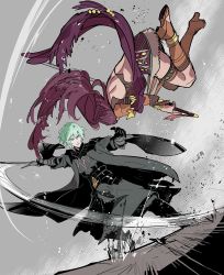 Rule 34 | 1boy, 1girl, armor, black gloves, boots, byleth (fire emblem), byleth (male) (fire emblem), byuub, cape, closed mouth, fire emblem, fire emblem: three houses, from behind, gloves, green eyes, green hair, high heel boots, high heels, holding, holding sword, holding weapon, long hair, nintendo, petra macneary, ponytail, purple hair, short hair, sword, weapon