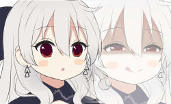 Rule 34 | 1girl, :o, absurdres, black bow, black dress, blush stickers, bow, closed mouth, collared dress, dress, earrings, grey hair, hair between eyes, hair bow, highres, ikazu401, jewelry, licking lips, long hair, looking at viewer, multiple views, original, parted lips, red eyes, simple background, smile, tongue, tongue out, white background