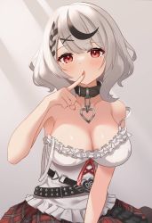 Rule 34 | 1girl, absurdres, bare shoulders, belt, black belt, black collar, black hair, blush, braid, breasts, camisole, cleavage, collar, collarbone, covering own mouth, finger to mouth, fingernails, frilled shirt, frills, grey background, hair ornament, heart pendant, highres, hololive, imosatsumaa, index finger raised, large breasts, looking at viewer, multicolored hair, nail polish, no jacket, plaid, plaid skirt, red eyes, red nails, red skirt, sakamata chloe, shirt, skirt, solo, strap slip, two-tone hair, upper body, virtual youtuber, white camisole, x hair ornament