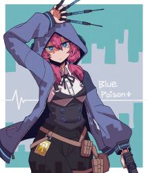 Rule 34 | 1girl, arknights, between fingers, blue eyes, blue poison (arknights), character name, highres, holding, holding weapon, hood, hoodie, kakiyokan, low twintails, pink hair, pouch, rectangular pupils, shorts, solo, symbol-shaped pupils, syringe, twintails, weapon