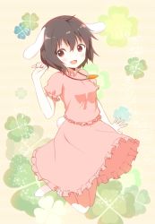 Rule 34 | 1girl, ahoge, animal ears, black hair, carrot necklace, clover, dress, four-leaf clover, hand up, inaba tewi, jewelry, light particles, looking at viewer, necklace, nekoze, open mouth, pendant, pink background, pink dress, puffy short sleeves, puffy sleeves, rabbit ears, rabbit girl, rabbit tail, red eyes, short hair, short sleeves, socks, solo, tail, touhou