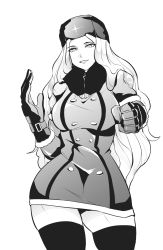Rule 34 | 1girl, absurdres, bowalia, breasts, coat, fur hat, fur trim, gloves, hat, highres, kolin, large breasts, long hair, monochrome, simple background, solo, standing, street fighter, street fighter v, thick thighs, thighhighs, thighs, ushanka, wavy hair, white background, wide hips, winter clothes, winter coat, zettai ryouiki