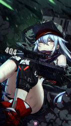 Rule 34 | 1girl, absurdres, artist logo, assault rifle, blurry, blurry background, blush, blush stickers, boots, brown eyes, bullpup, caseless firearm, closed mouth, clothing cutout, convenient leg, dirty, explosion, g11 (girls&#039; frontline), girls&#039; frontline, gun, h&amp;k g11, hair between eyes, hat, heckler &amp; koch, highres, holding, holding weapon, horizontal magazine, jacket, knee pads, knees together feet apart, leg strap, long hair, looking at viewer, mahousho, one eye closed, open clothes, open mouth, personification, prototype design, rain, rifle, scarf, scarf on head, scope, shirt, shorts, shoulder cutout, sidelocks, silver hair, single leg pantyhose, sitting, smoke, solo, sweatdrop, thigh strap, thighs, very long hair, weapon, wet
