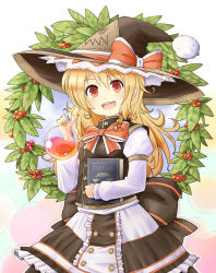 Rule 34 | 1girl, adapted costume, atelier (series), blonde hair, book, bow, commentary, erlenmeyer flask, female focus, flask, hat, hat bow, juliet sleeves, kirisame marisa, long hair, long sleeves, looking at viewer, maguro (mawaru sushi), open mouth, puffy sleeves, red eyes, shirt, skirt, skirt set, smile, solo, test tube, touhou, vest, witch hat