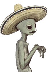 Rule 34 | 1other, alien, black eyes, closed mouth, commentary, facial hair, from side, hands up, hat, highres, meme, mexico ufo alien bodies hearing (meme), mossacannibalis, mustache, original, simple background, solo, sombrero, spanish commentary, upper body, white background