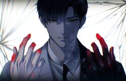 1boy absurdres asymmetrical_clothes black_hair black_necktie blood blood_on_hands collared_shirt expressionless green_eyes highres lips love_and_deepspace male_focus necktie rei_(usabiba) shirt short_hair solo white_shirt zayne_(love_and_deepspace)