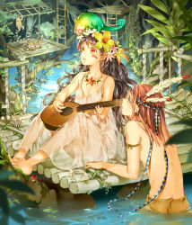 Rule 34 | 1boy, 1girl, animal, animal on head, back, bare shoulders, barefoot, breasts, brown hair, chameleon, dress, facepaint, feathers, feet, flower, freckles, hair flower, hair ornament, hairband, highres, hoshii hisa, instrument, jewelry, ladder, lemur, long hair, looking away, music, nature, necklace, on head, open mouth, orange eyes, original, outdoors, partially submerged, plant, playing instrument, see-through, short hair, sitting, sleeveless, small breasts, spaghetti strap, toes, topless male, tree, tribal, very long hair, vines, wading, water, wavy hair, wet