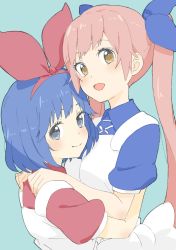 2girls absurdres bad_id bad_twitter_id blue_bow blue_dress blue_eyes blue_hair blush bow collared_dress donguri_suzume dress hair_bow hair_ribbon hand_on_shoulder headband highres long_hair looking_at_viewer multiple_girls omega_ray omega_rio omega_sisters pink_hair puffy_short_sleeves puffy_sleeves red_dress ribbon short_hair short_sleeves twintails very_long_hair virtual_youtuber yellow_eyes