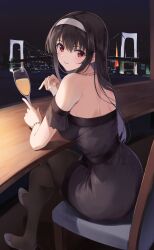 Rule 34 | 1girl, absurdres, alcohol, alternate costume, back, bare shoulders, black hair, black pantyhose, blush, bracelet, breasts, bridge, champagne, commentary, crossed bangs, crossed legs, cup, curvy, dress, drinking glass, foot out of frame, formal, from behind, glint, hair between eyes, hairband, highres, holding, holding cup, index finger raised, indoors, jewelry, kasumigaoka utaha, large breasts, long hair, looking at viewer, looking back, necklace, night, night sky, off-shoulder dress, off shoulder, on chair, pantyhose, parted lips, pearl bracelet, pearl necklace, red eyes, saenai heroine no sodatekata, short sleeves, sitting, sky, smile, solo, straight hair, tokyo tower, white footwear, white hairband, window, wine, wine glass, yanagi marie