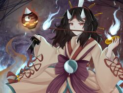Rule 34 | 1other, androgynous, black hair, blue fire, candle, candle on head, fire, hairband, highres, horns, japanese clothes, kimono, len&#039;en, long hair, long sleeves, mouth hold, other focus, red eyes, red ribbon, ribbon, short hair, solo, taira no chouki, temshi, wide sleeves, yellow kimono