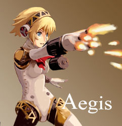 Rule 34 | 1girl, aegis (persona), android, atlus, blonde hair, blue eyes, bow, joints, komusou (komusou1), persona, persona 3, ribbon, robot, robot joints, short hair, smile, solo