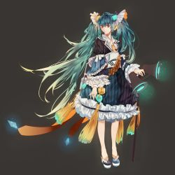 Rule 34 | 1girl, aqua hair, bad id, bad pixiv id, black background, blue dress, brown eyes, dress, flats, frills, full body, glowing, hatsune miku, headphones, highres, lamp, long hair, long sleeves, looking to the side, prussia echo, shoes, simple background, solo, standing, striped, tassel, twintails, vertical stripes, very long hair, vocaloid