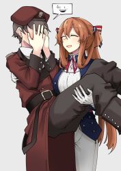 Rule 34 | 1boy, 1girl, :d, beret, blue jacket, blush, brown hair, carrying, carrying person, closed eyes, commander (girls&#039; frontline), commentary request, covering face, cowboy shot, girls&#039; frontline, gloves, grey background, griffin &amp; kryuger military uniform, hair between eyes, hair rings, hat, highres, jacket, long hair, nakiusagi, open mouth, pants, princess carry, red headwear, red jacket, short hair, smile, spoken expression, springfield (girls&#039; frontline), very long hair, white gloves