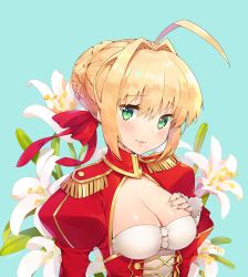 Rule 34 | 10s, 1girl, ahoge, ayami (annahibi), blonde hair, blue background, breasts, cleavage cutout, clothing cutout, dress, epaulettes, fate/extra, fate (series), floral background, flower, green eyes, hair between eyes, hair bun, hair intakes, hand on own chest, lily (flower), lips, looking at viewer, medium breasts, nero claudius (fate), nero claudius (fate) (all), nero claudius (fate/extra), parted lips, red dress, single hair bun, upper body