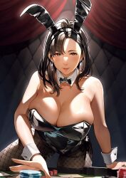 Rule 34 | 1girl, animal ears, arm at side, bare shoulders, black bow, black bowtie, black footwear, black leotard, black pantyhose, blush, bow, bowtie, breasts, brown hair, card, casino card table, closed mouth, collar, collarbone, cropped, cuffs, detached collar, dice, earrings, eyelashes, fake animal ears, fingernails, foreshortening, hair between eyes, half-closed eyes, hanging breasts, high heels, highleg, highleg leotard, highres, huge breasts, indoors, jewelry, large breasts, leotard, long fingernails, long hair, looking at viewer, nose, original, outstretched hand, pantyhose, playboy bunny, poker chip, poker table, rabbit ears, reaching, red lips, sakura no tomoru hi e, skindentation, smile, solo, strapless, strapless leotard, table, third-party source, traditional bowtie, wrist cuffs